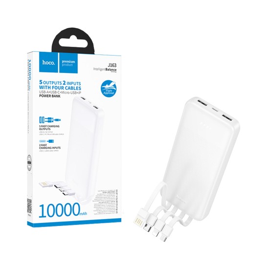 Power Bank Hoco J163 Wonderful com Porta USB+Cabo Micro+Tipo-C+Lightning 10000mAh Branco